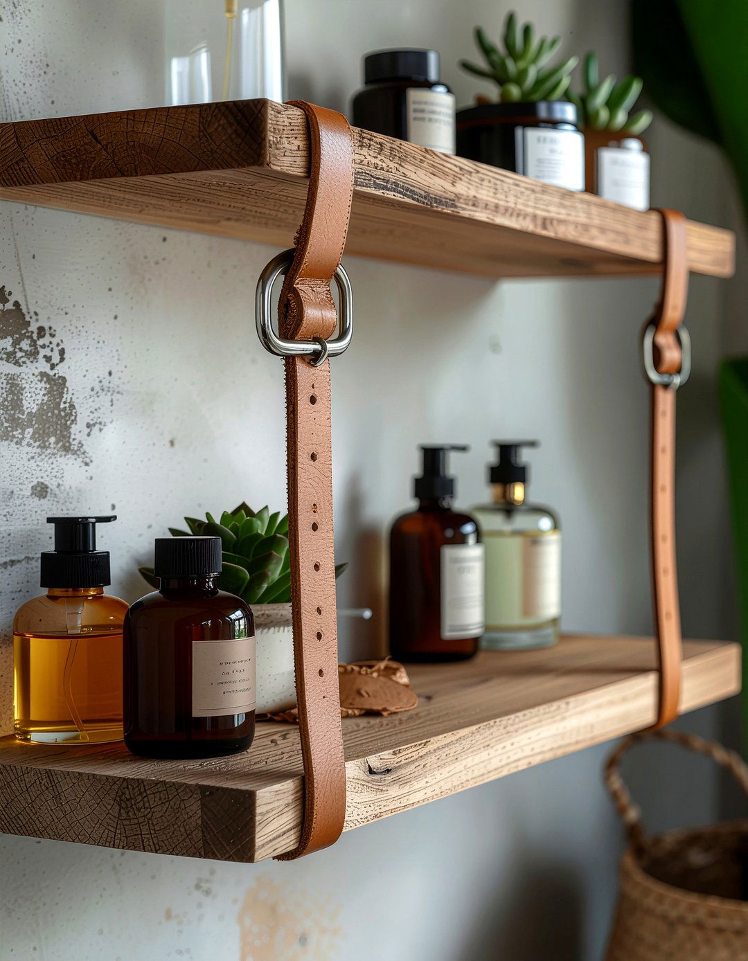 Leather strap shelf - 30 bathroom handmade ideas