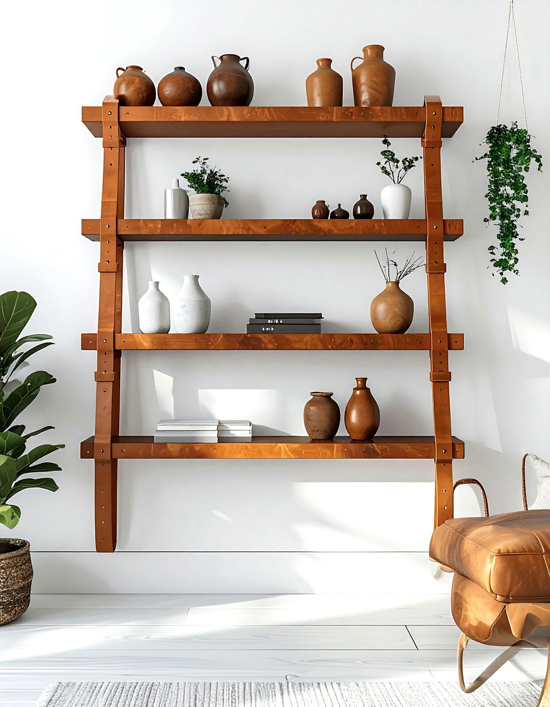 Leather strap shelves - 30 living room hanging storage ideas
