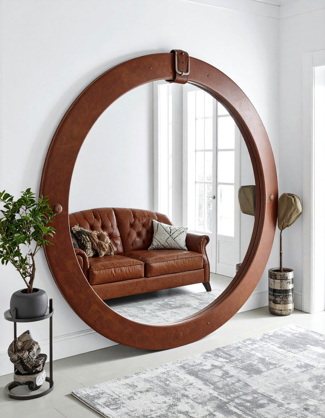 Leather wrapped mirror - 30 leather decor ideas