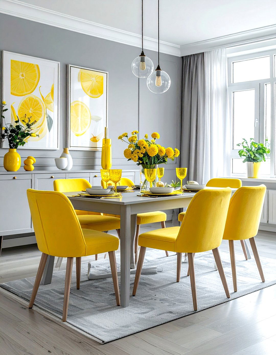 Lemon Yellow Accents Gray Dining Room - 30 gray yellow dining room ideas