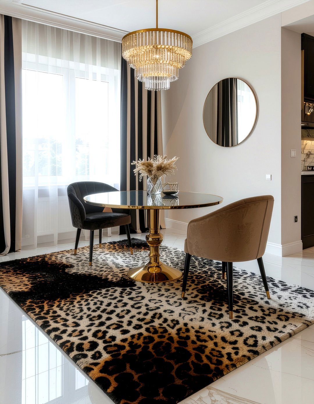 Leopard Print Rug And Striped Curtains - 30 dining room pattern mixing ideas