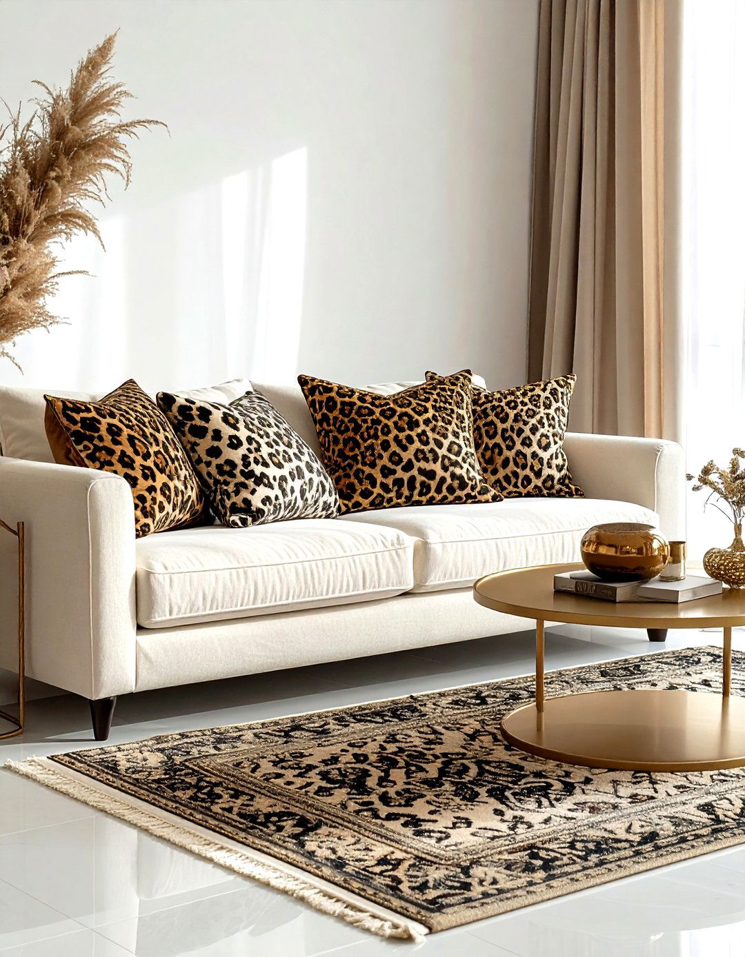 Leopard print and neutral living room - 30 living room pattern mixing ideas
