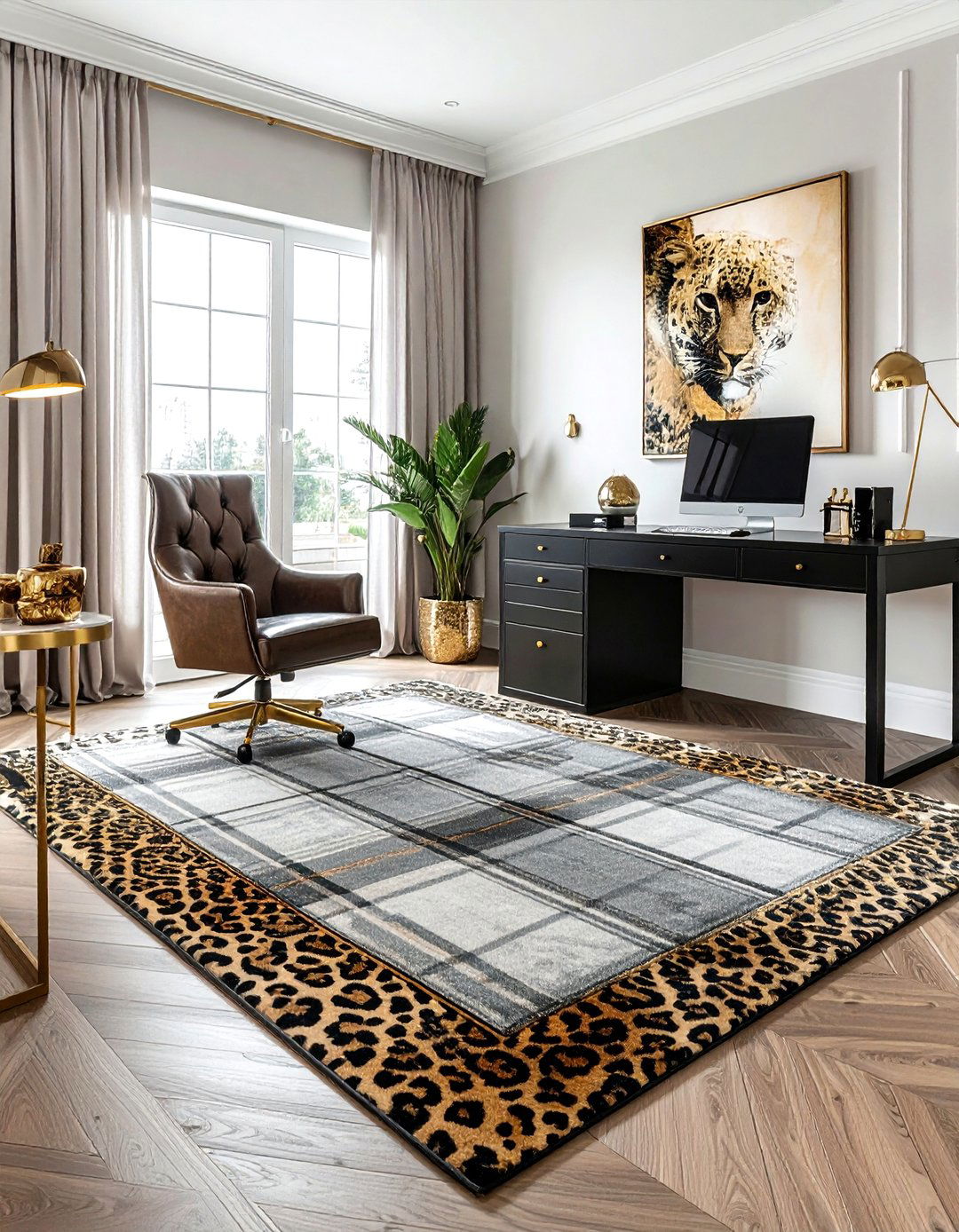 Leopard print and plaid rug - 30 pattern mixing decor ideas