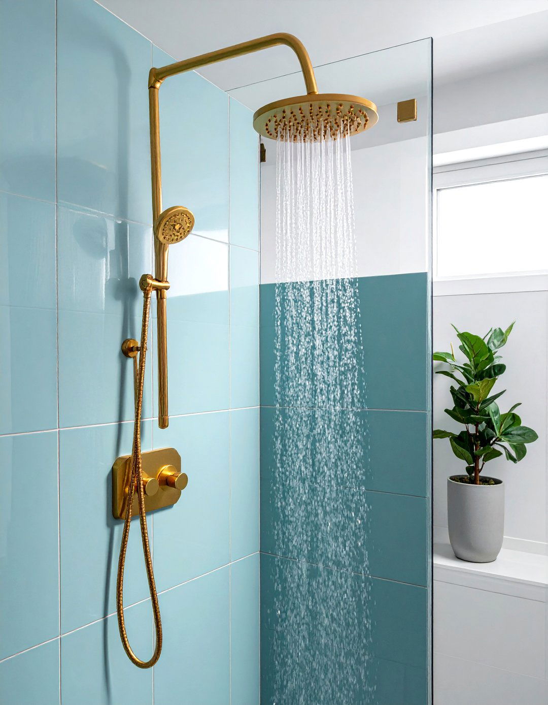 Light Blue Tile Gold Shower Head - 30 blue and gold bathroom ideas