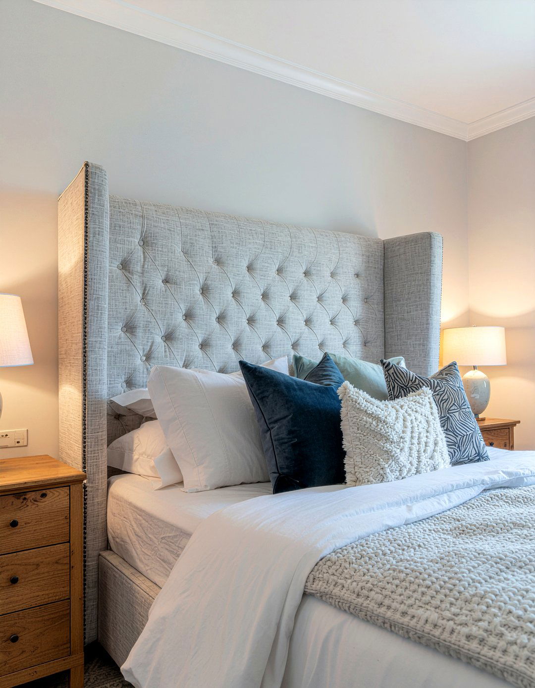 Light Gray Wingback Headboard - 30 bedroom gray furniture ideas