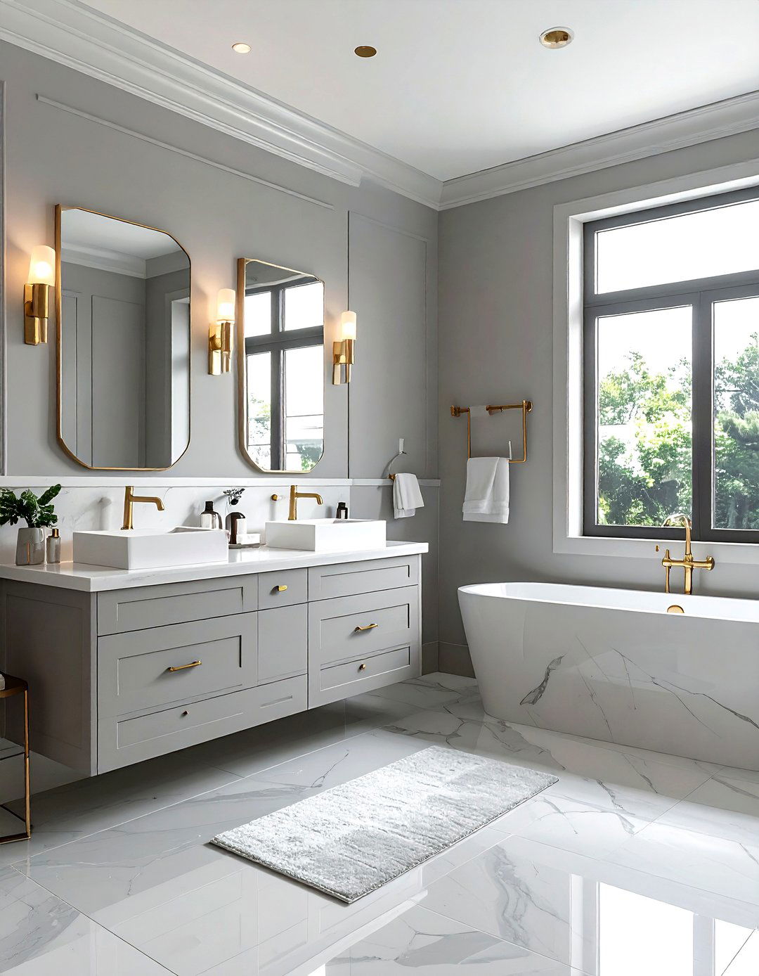 Light Grey Bathroom With Gold Fixtures - 30 grey bathroom design ideas