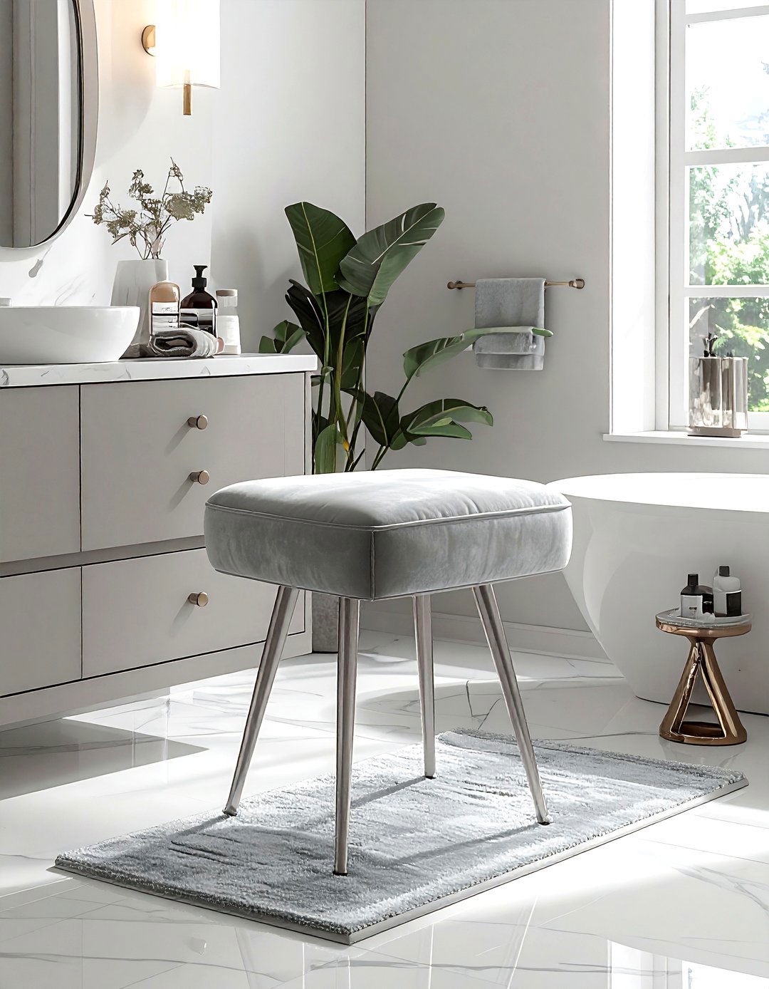 Light Grey Vanity Stool - 30 grey bathroom accessories ideas