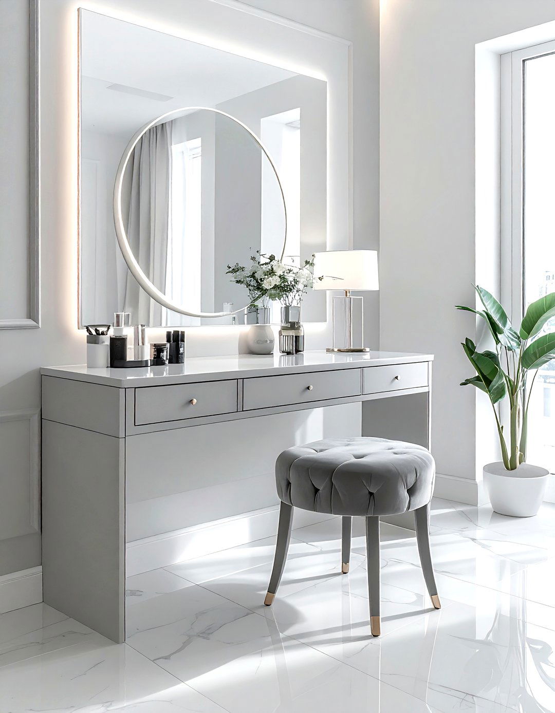 Light Grey Vanity - 30 gray bedroom furniture ideas