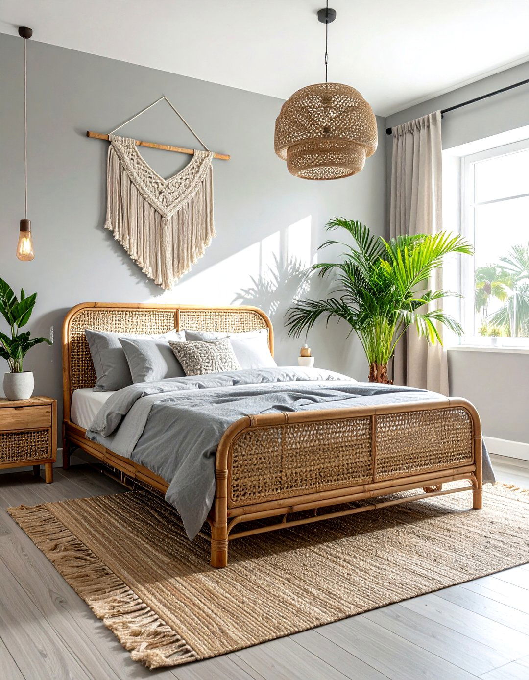 Light Grey and Rattan Boho - 30 coastal grey bedroom ideas