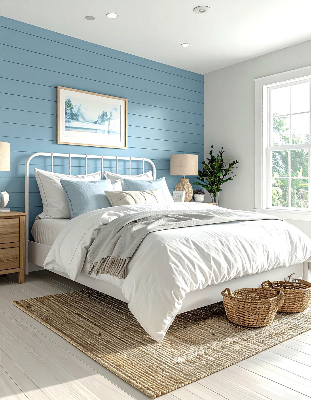 Light blue shiplap walls - 30 farmhouse blue bedroom ideas