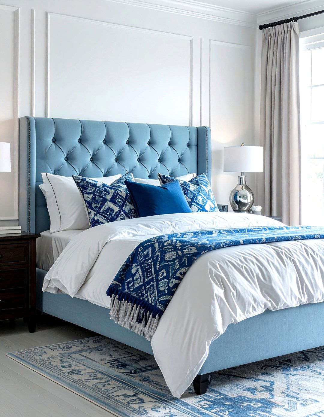 Light blue upholstered headboard - 30 farmhouse blue bedroom ideas