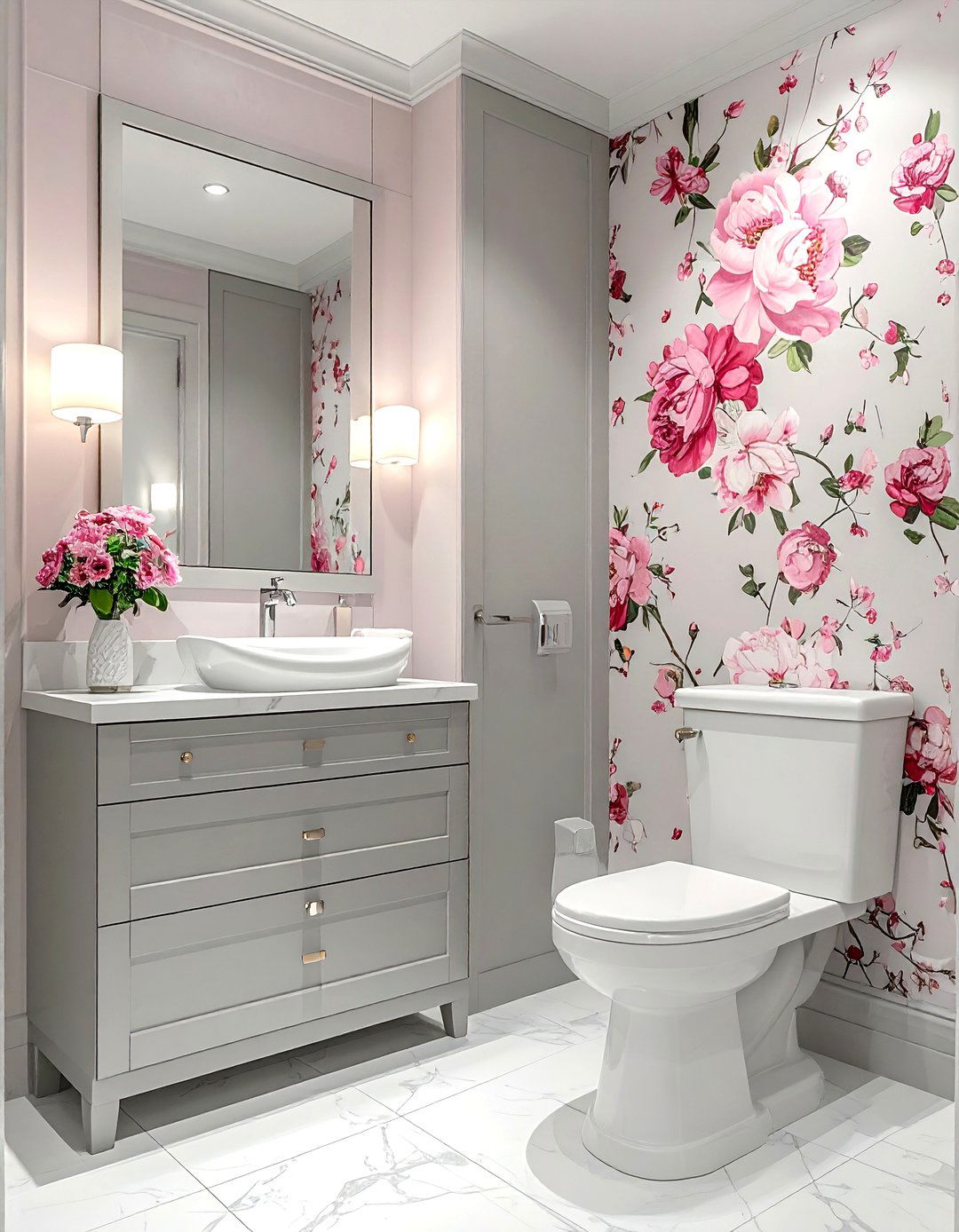 Light gray pink floral bathroom - 30 pink gray bathroom ideas