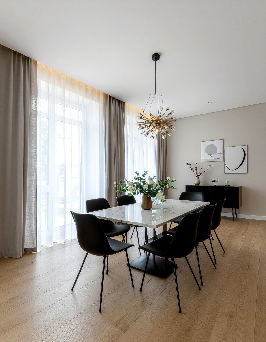 Light gray sheer curtains - 30 neutral curtain dining room ideas