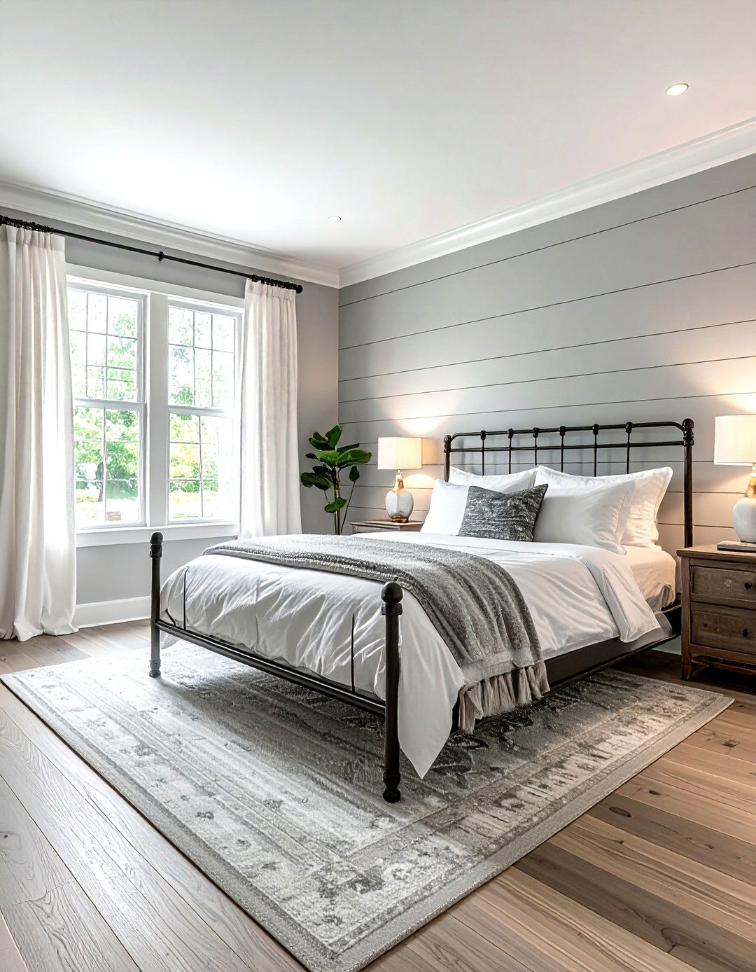 Light gray shiplap wall - 30 farmhouse gray bedroom ideas