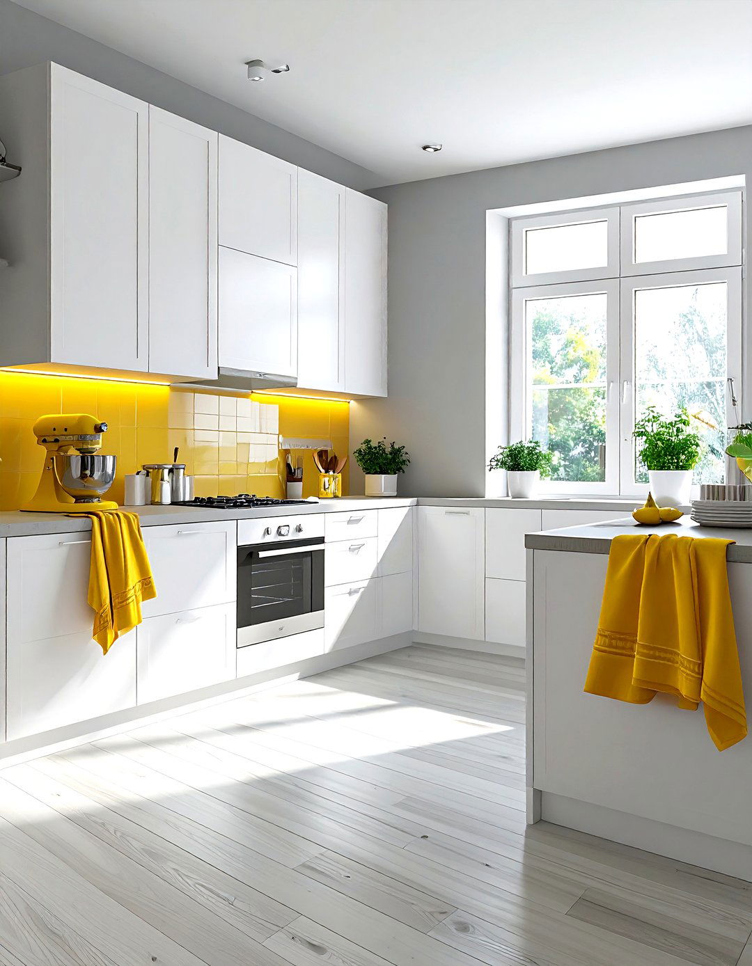 Light gray walls with yellow accents - 30 gray and yellow kitchen ideas