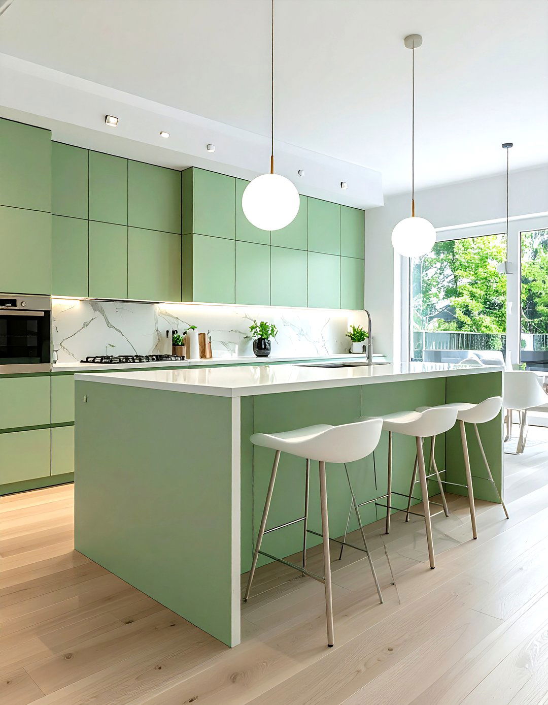 Light green kitchen island white bar stools - 30 green and white kitchen ideas