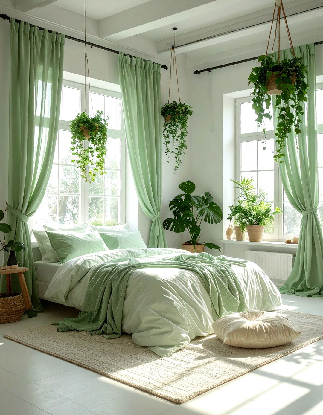 Light green sheer curtains - 30 bohemian green bedroom ideas