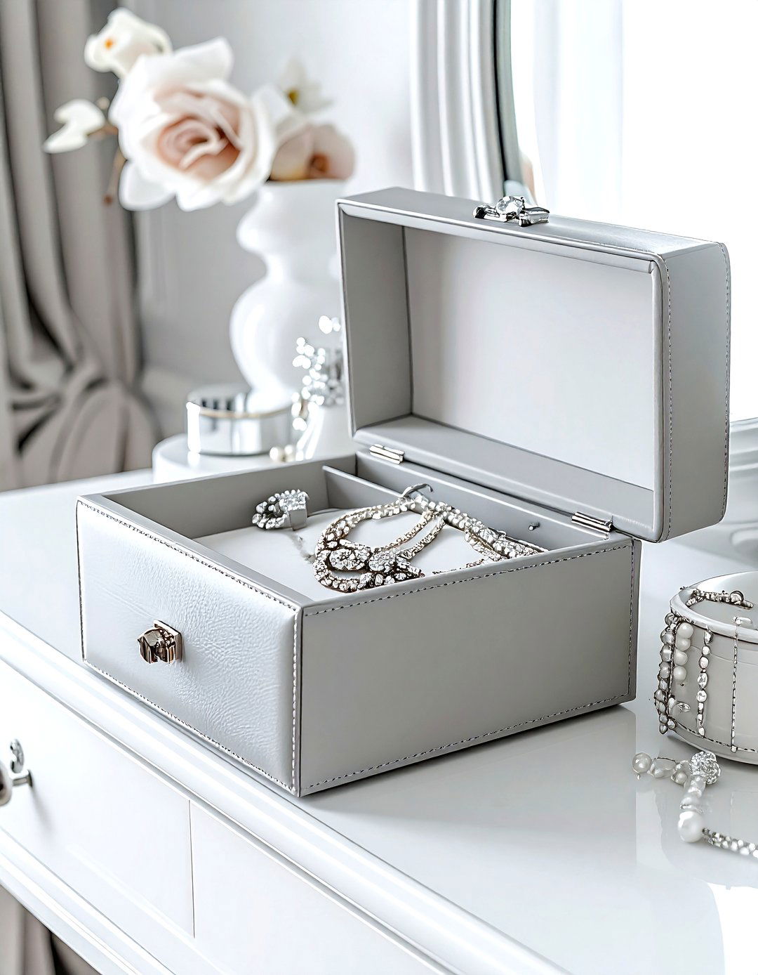 Light grey jewelry box - 30 grey bedroom accessories ideas