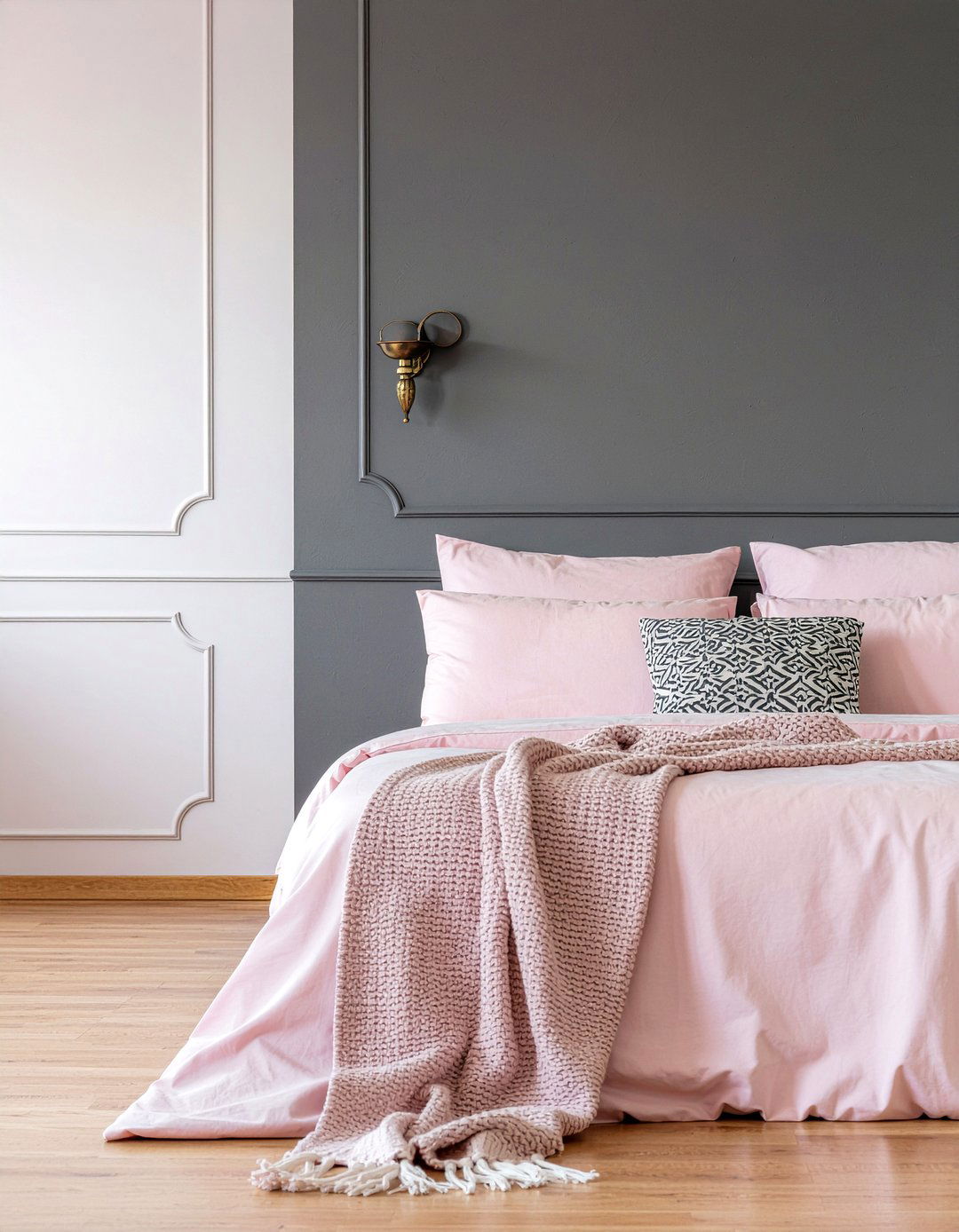 Light pink dark gray accent wall - 30 pink and gray bedroom ideas