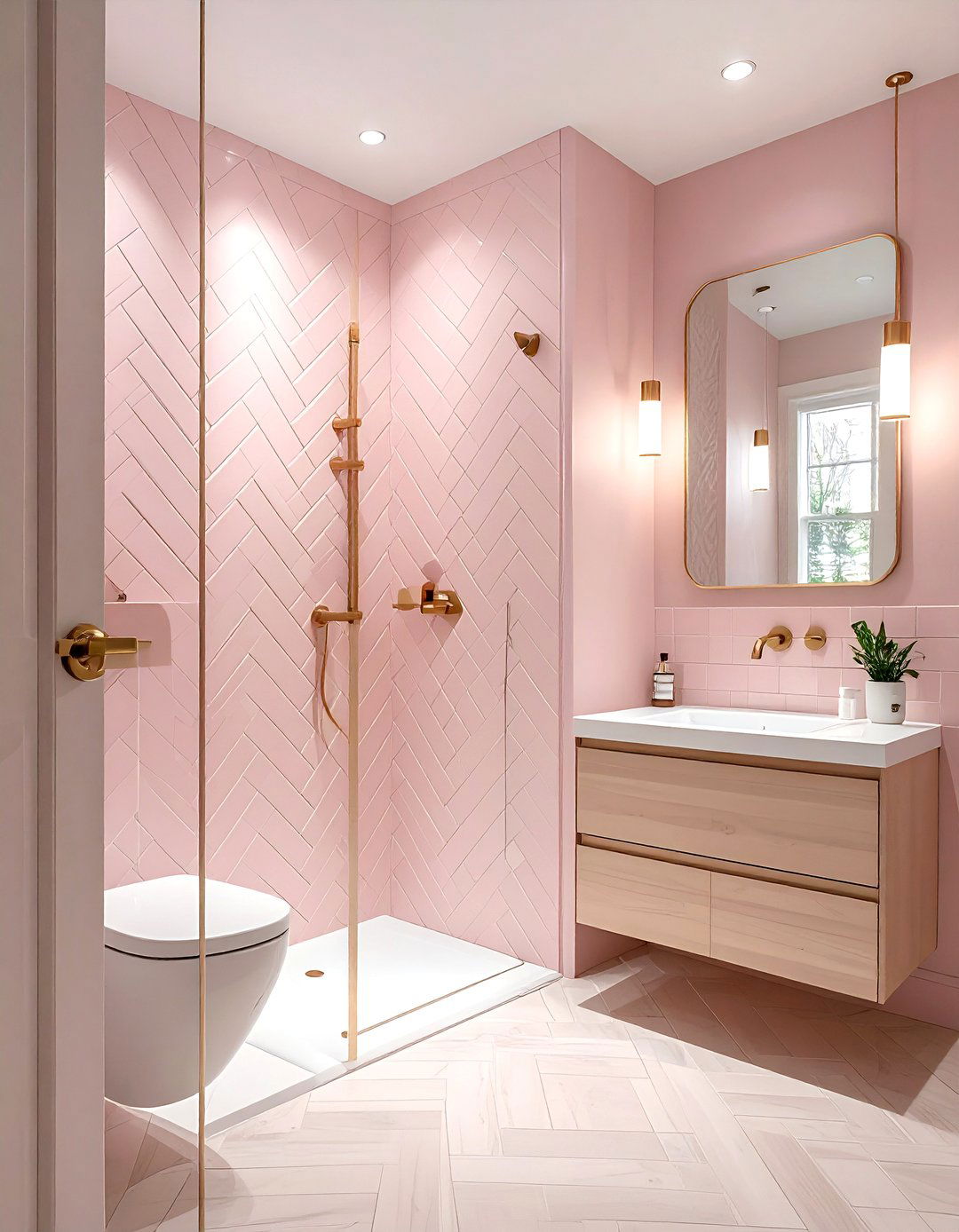 Light pink subway tile bathroom - 30 pink and white bathroom ideas