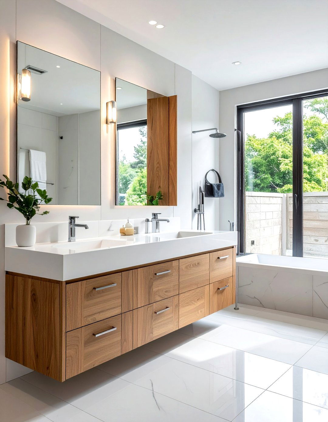 Light wood cabinets white quartz - 30 white and wood bathroom ideas