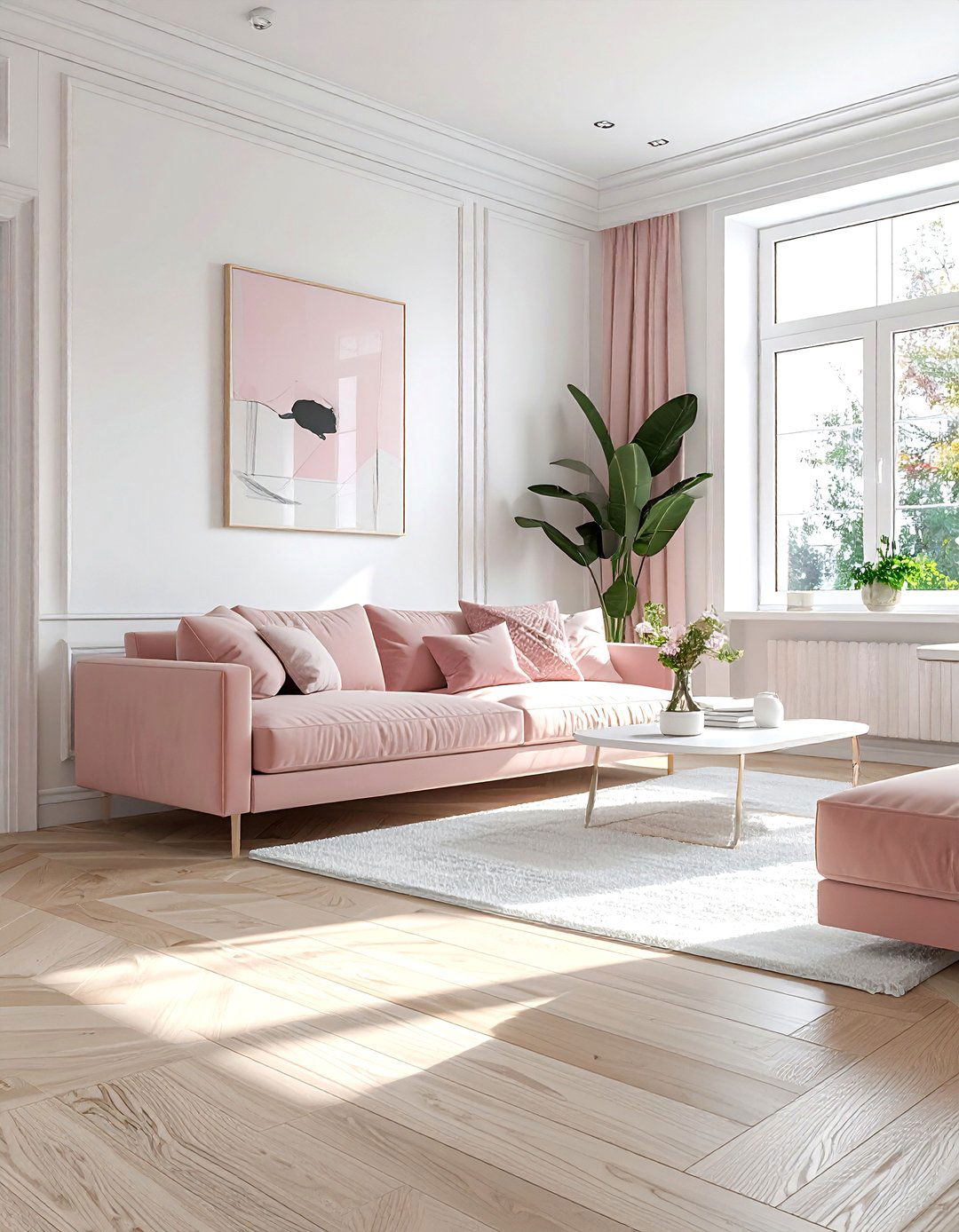 Light wood flooring - 30 blush and white living room ideas