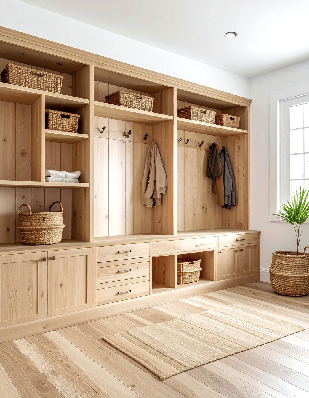 Light wood mudroom cubbies - 30 light wood decor ideas