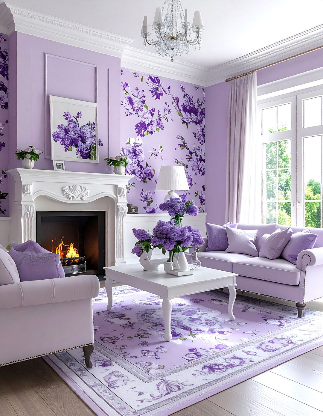 Lilac floral living room - 30 purple and white living room ideas