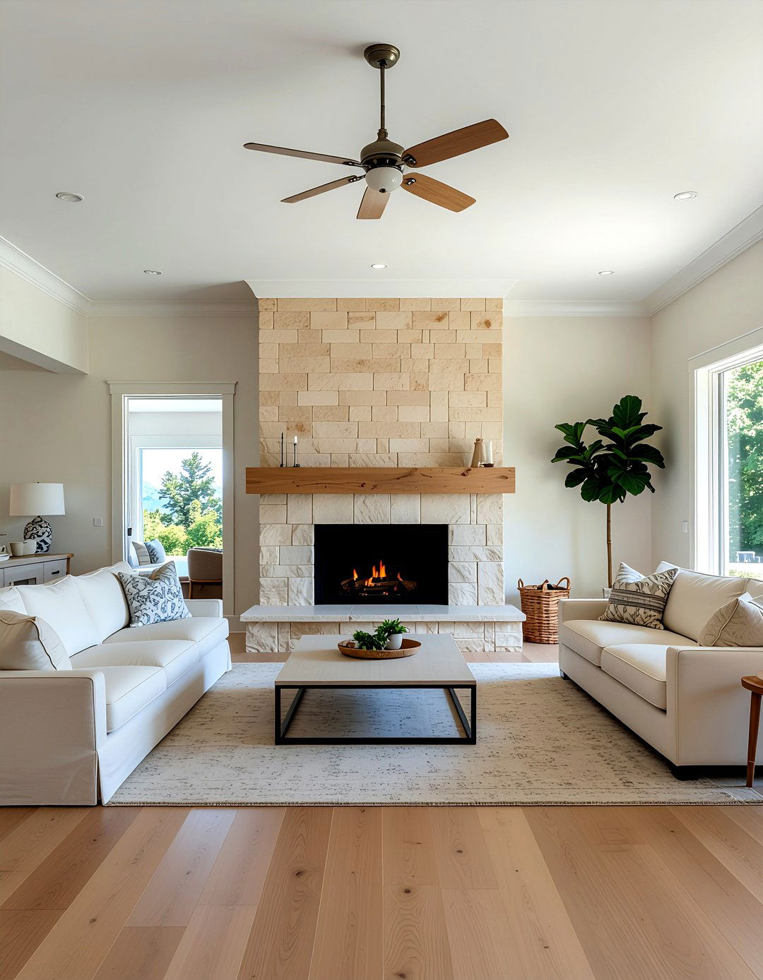 Limestone Linear Fireplace Surround - 30 living room linear fireplace ideas