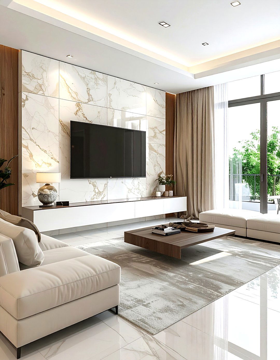 Limestone TV Wall - 30 living room stone wall ideas