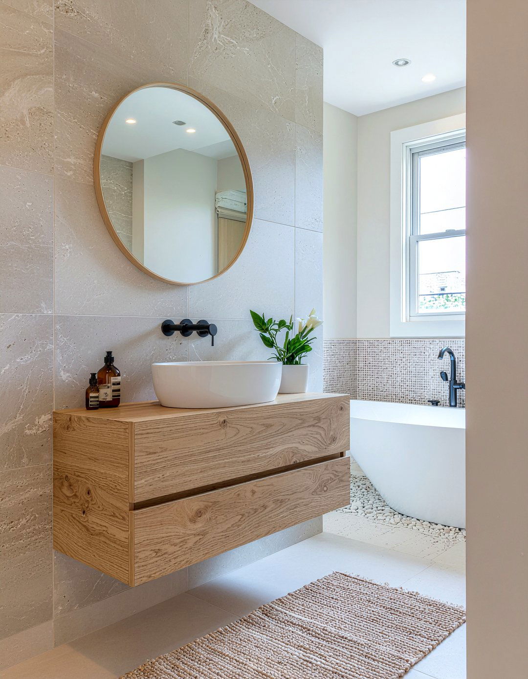Limestone and wood bathroom - 30 bathroom material mixing ideas
