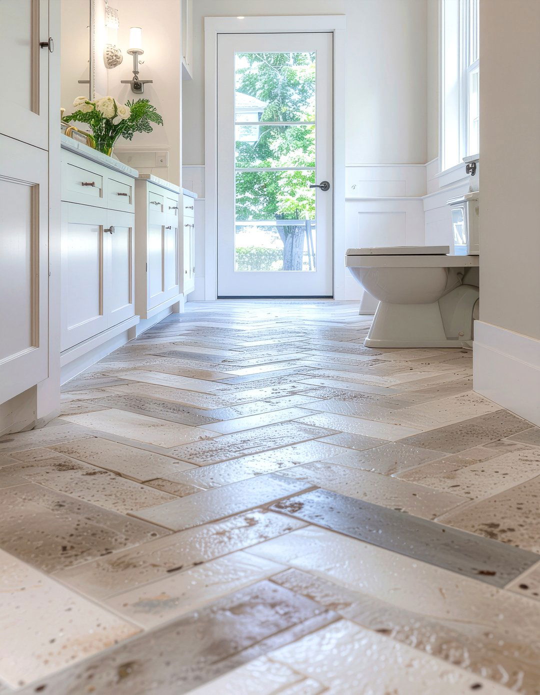 Limestone chevron floor - 30 limestone tile bathroom ideas