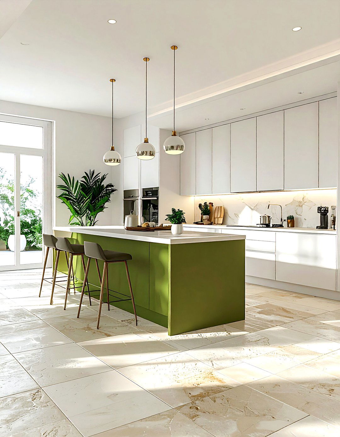 Limestone floor with green island - 30 limestone floor kitchen ideas