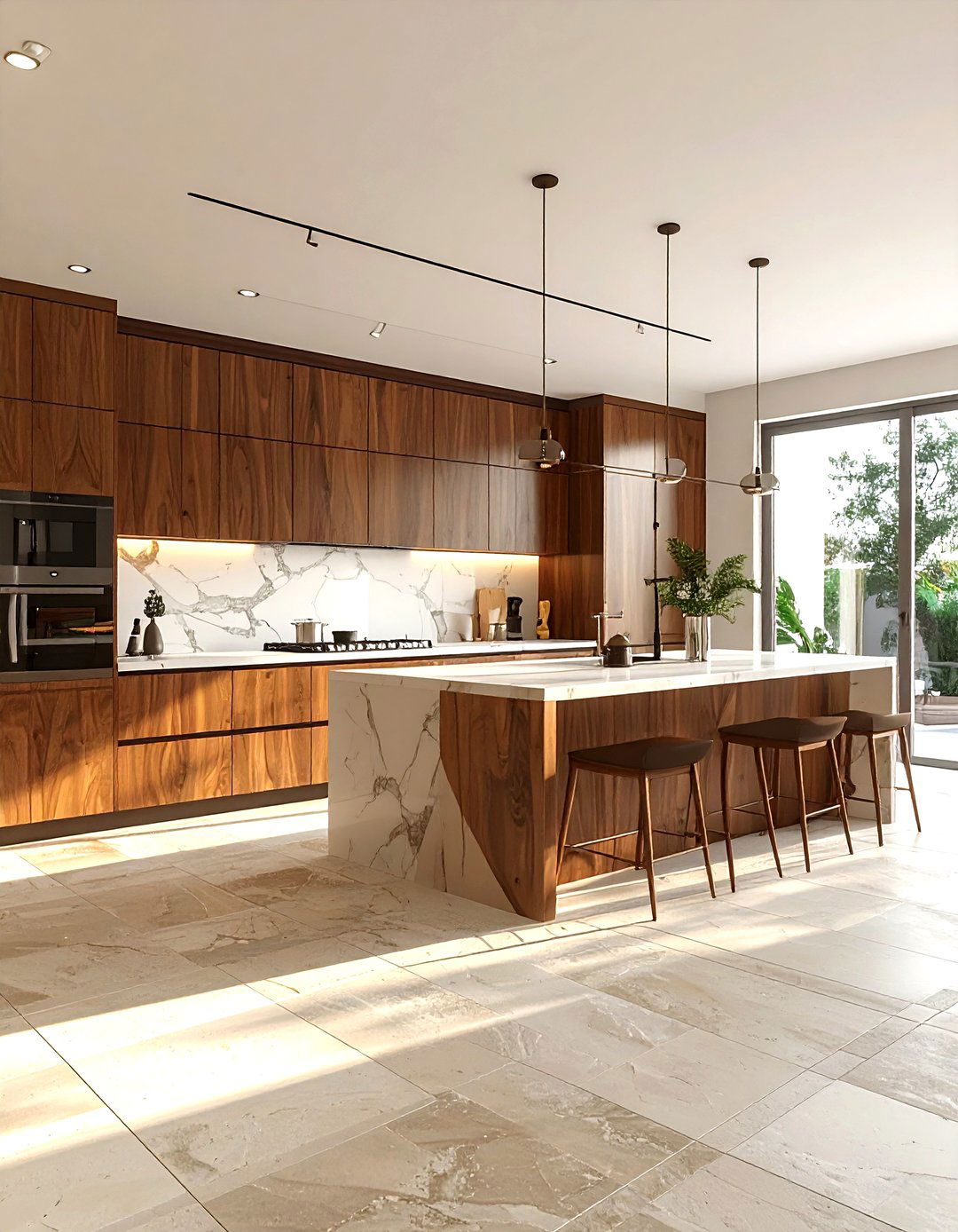 Limestone floor with wood cabinets - 30 limestone floor kitchen ideas