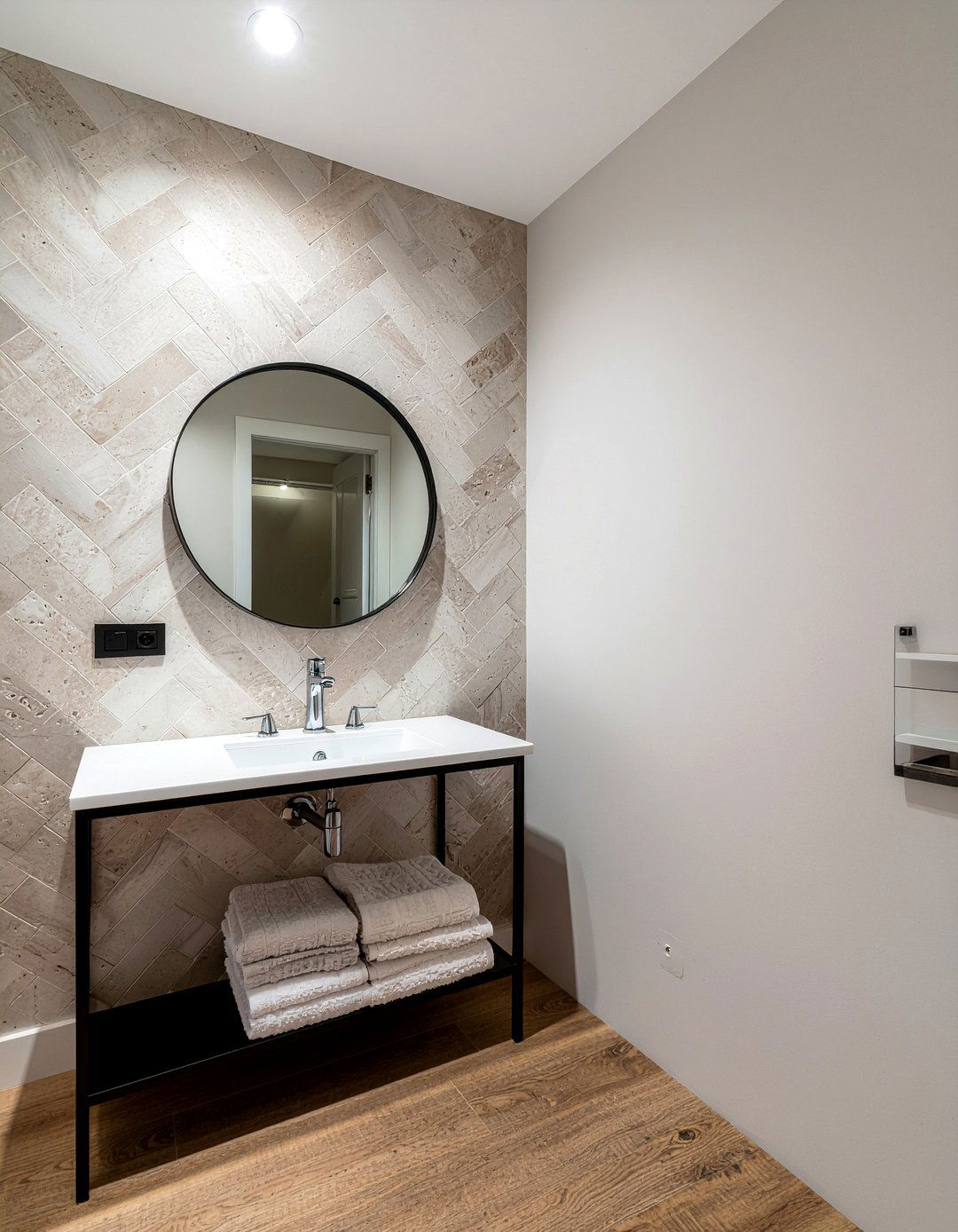 Limestone herringbone wall - 30 limestone tile bathroom ideas