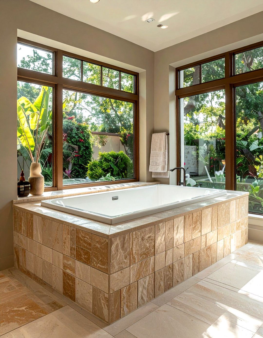 Limestone mosaic tub surround - 30 stone mosaic bathroom ideas