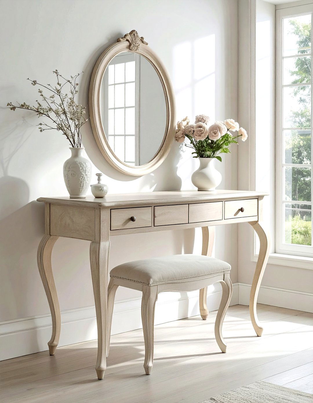 Limewashed wood vanity table - 30 beige bedroom furniture ideas