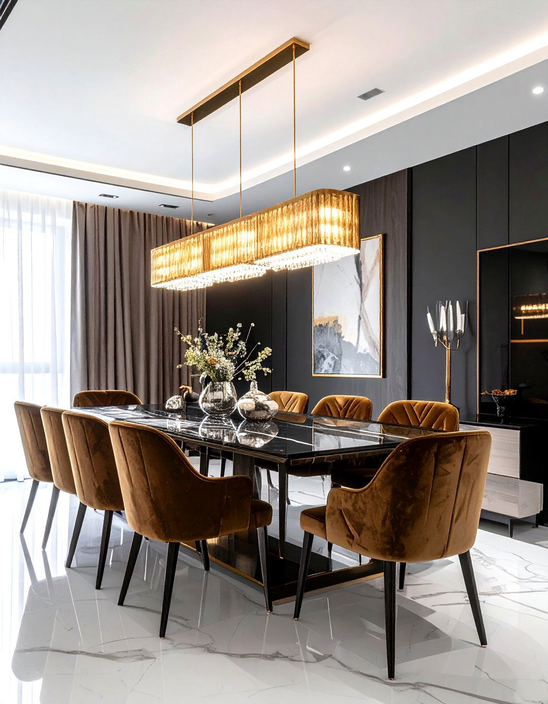 Linear Gold Chandelier - 30 low hanging pendant dining room ideas