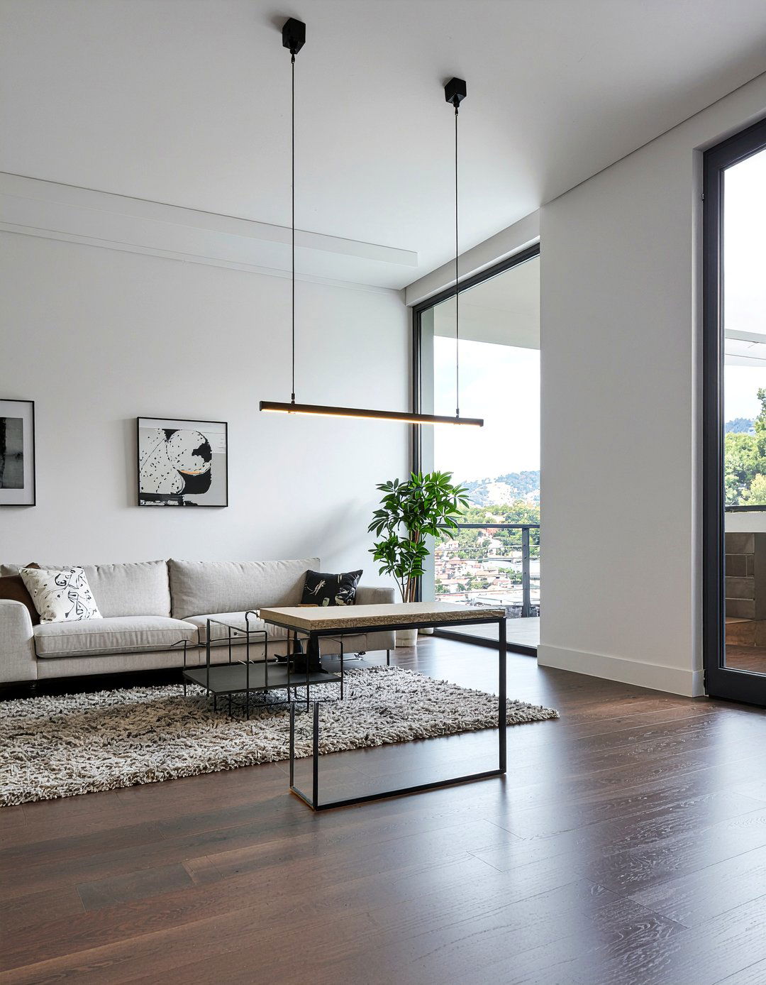 Linear suspension light over console - 30 living room light fixture placement