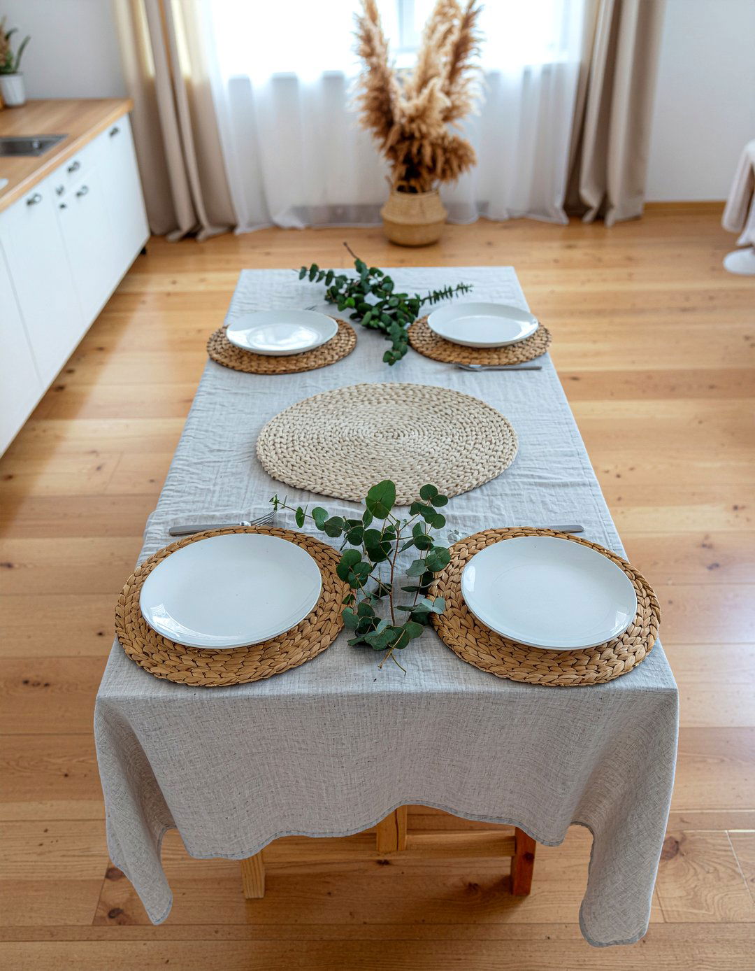 Linen And Wood Table - 30 dining room table setting ideas