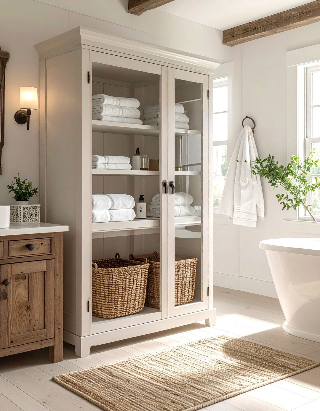 Linen Cabinet Storage - 30 farmhouse bathroom ideas