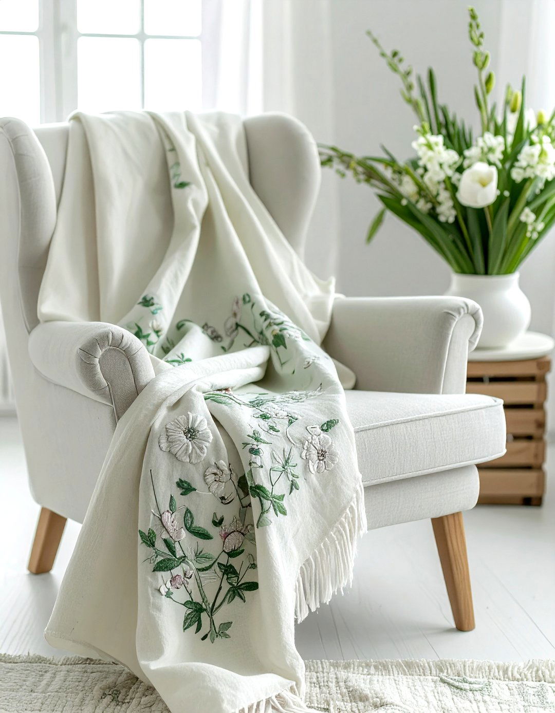 Linen Embroidered Throw - 30 linen decor ideas