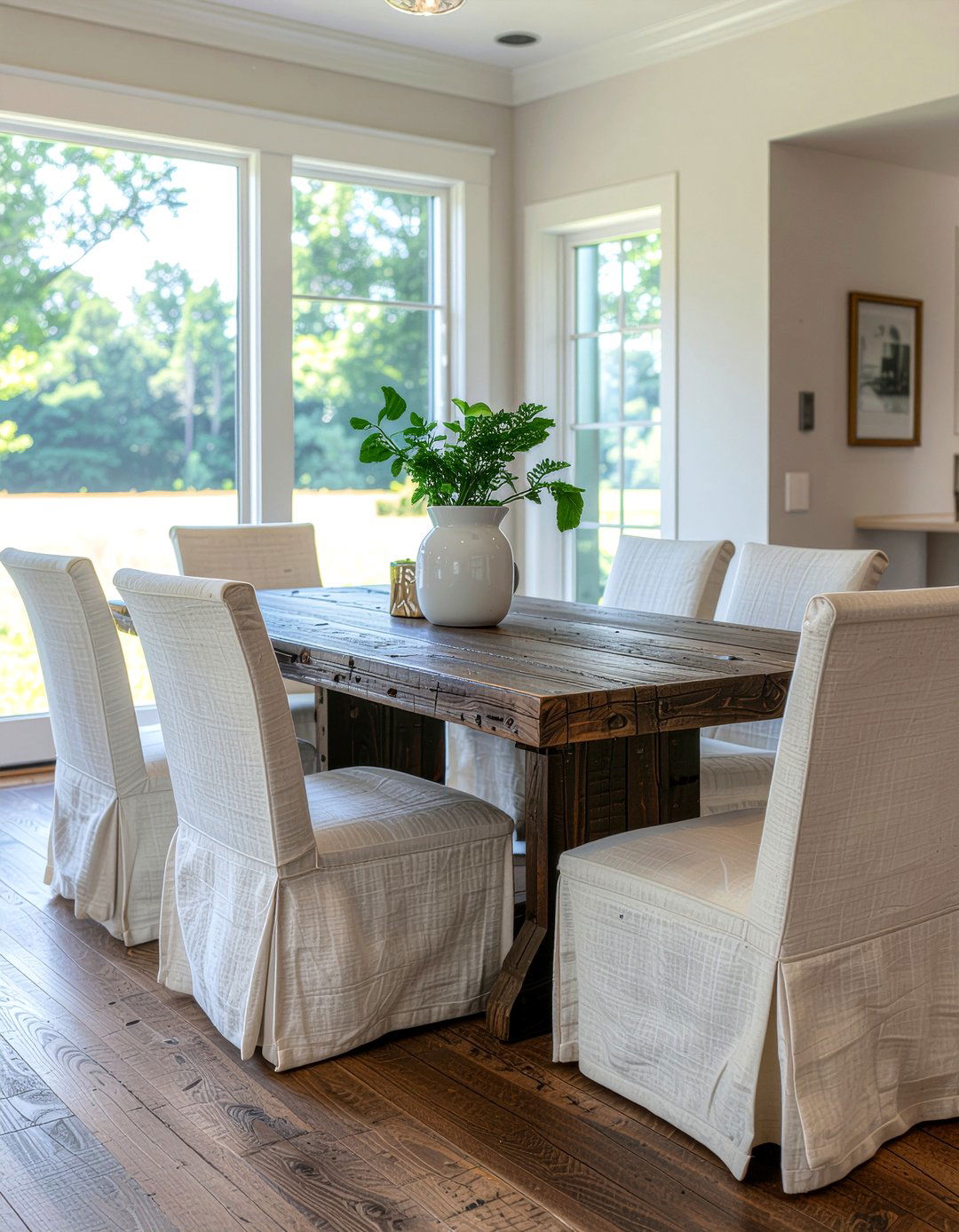Linen Slipcover Chairs - 30 farmhouse dining room ideas