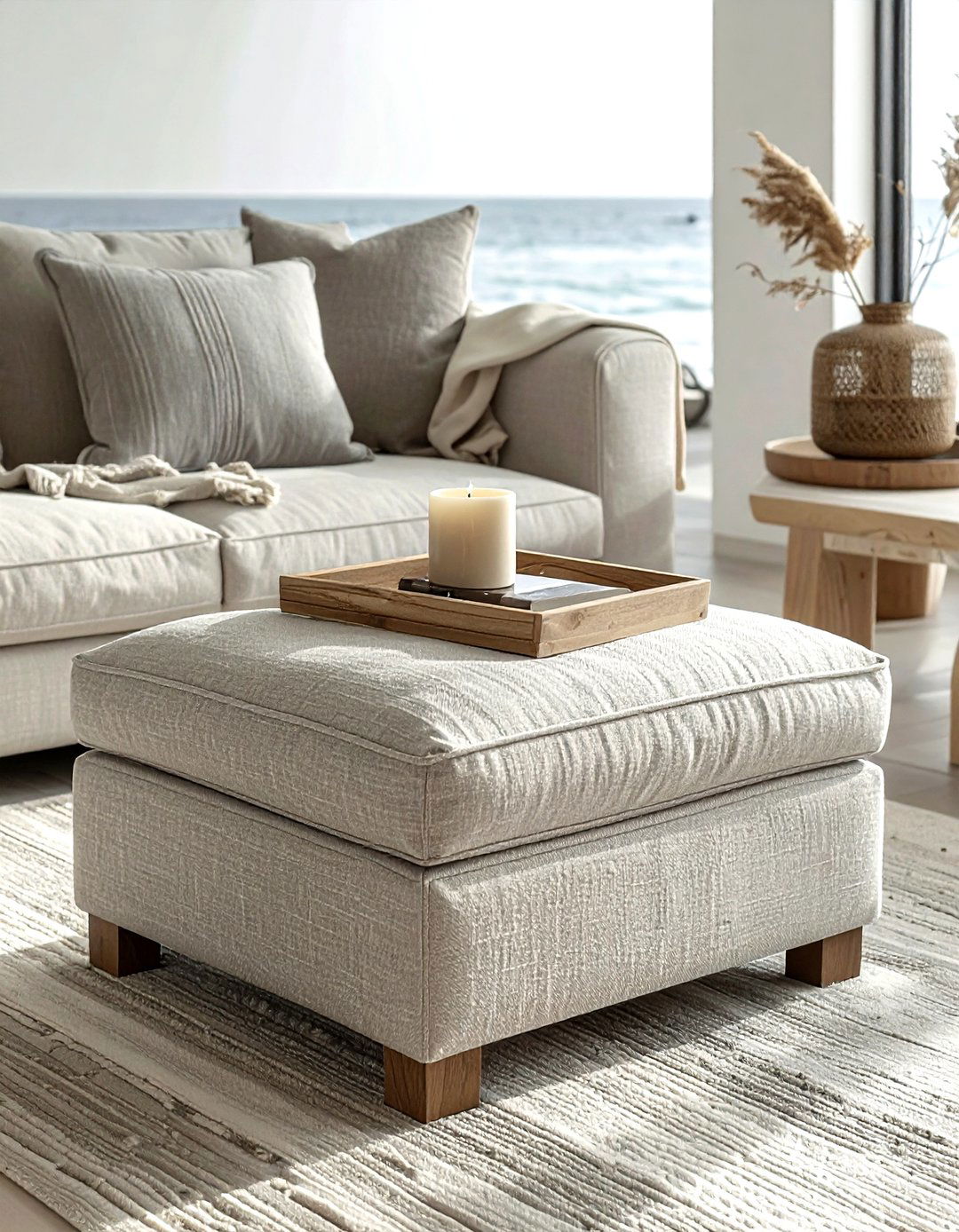 Linen Upholstered Ottoman - 30 living room beach furniture ideas