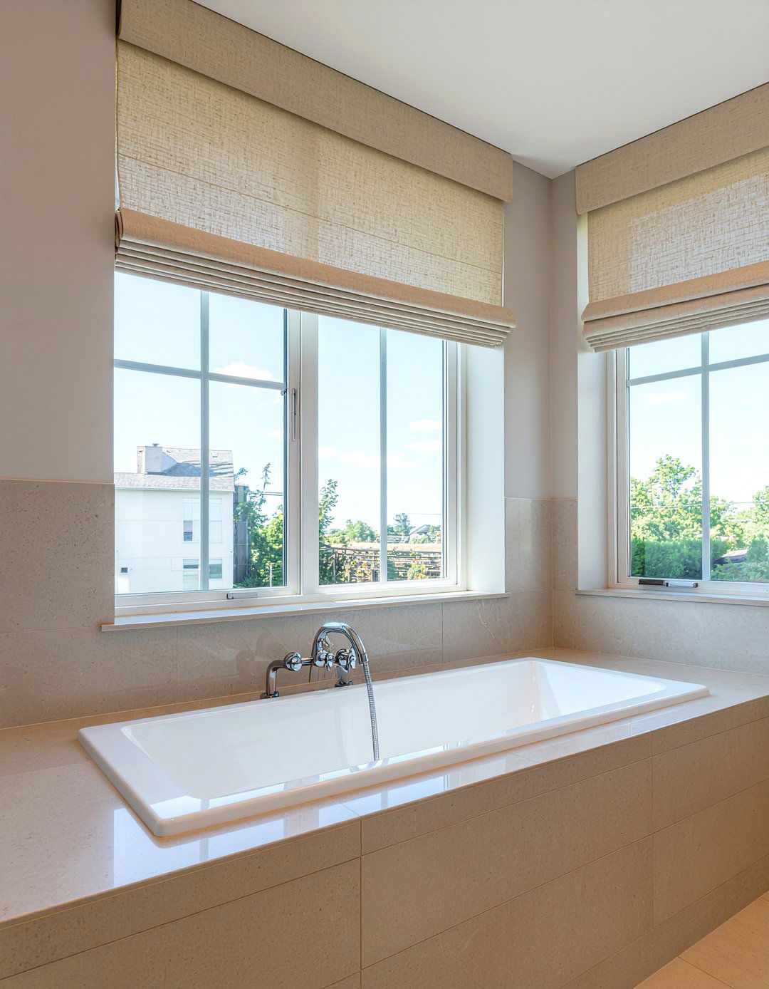 Linen Window Shade - 30 bathroom high-low mixing ideas