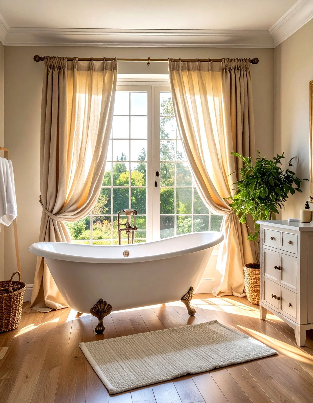 Linen bathroom curtains - 30 warm bathroom ideas