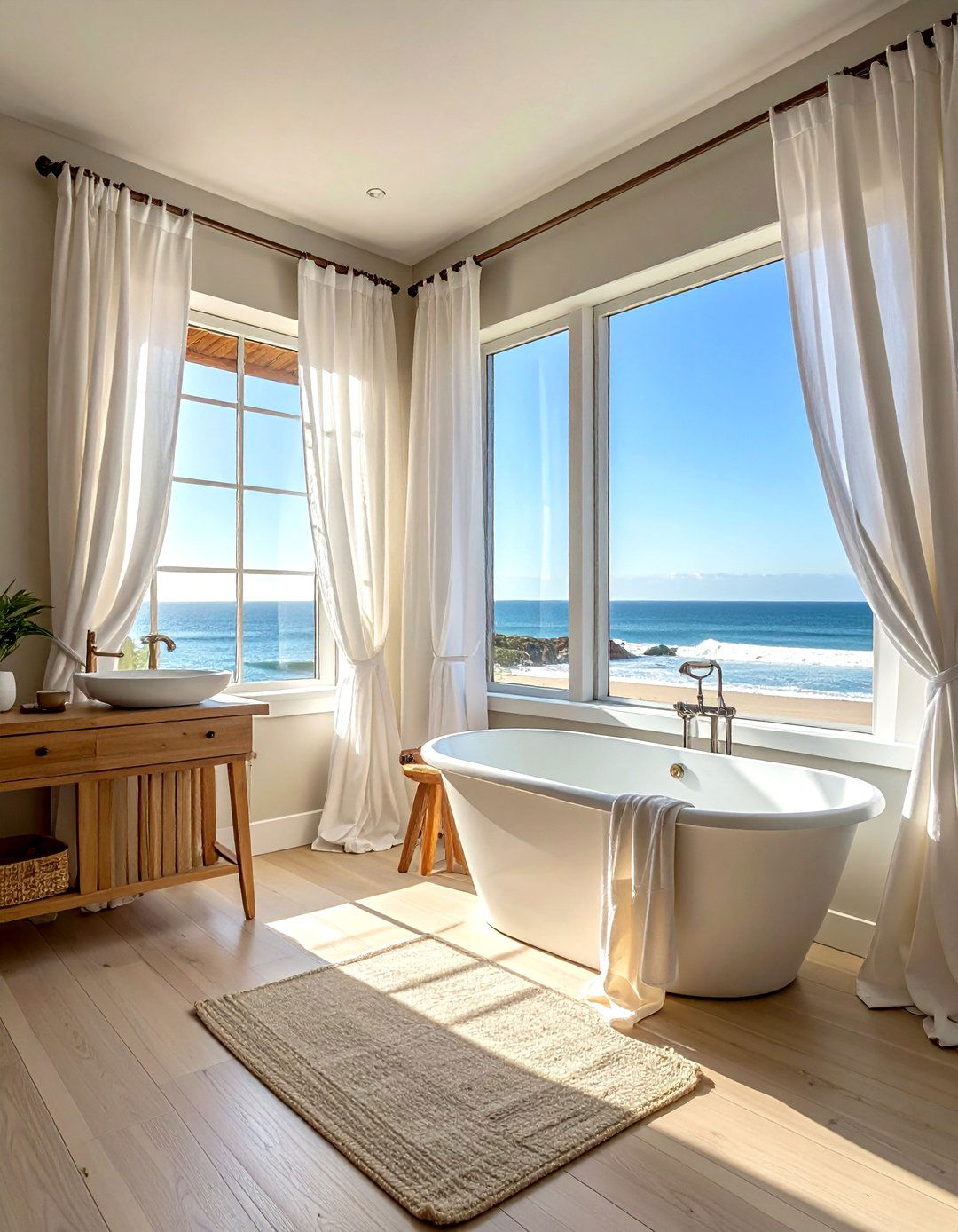 Linen curtains - 30 beach house bathroom ideas