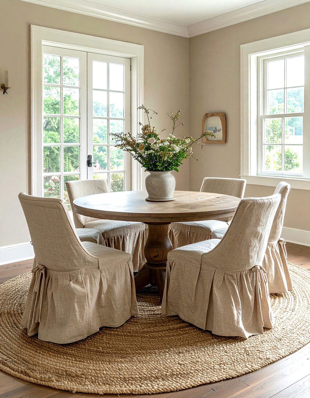 Linen slipcovered chairs - 30 French farmhouse dining room ideas