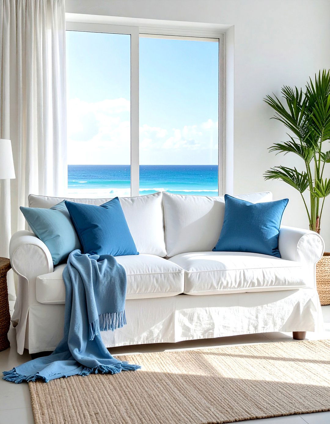 Linen slipcovered sofa - 30 coastal home decor ideas