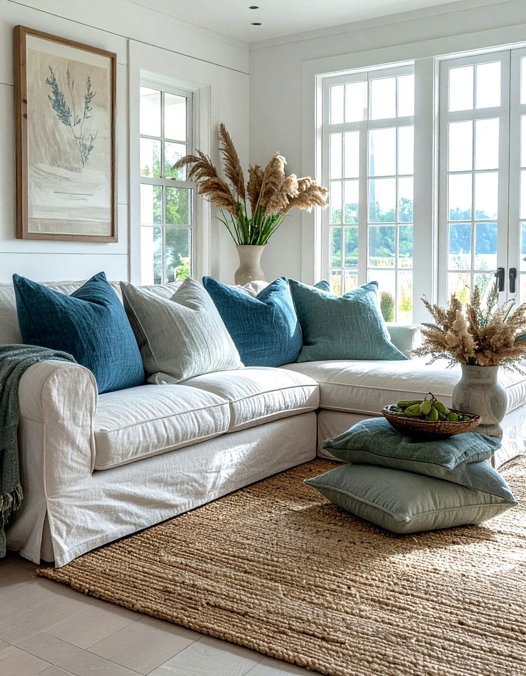 Linen throw pillows living room - 30 living room lake house furniture ideas